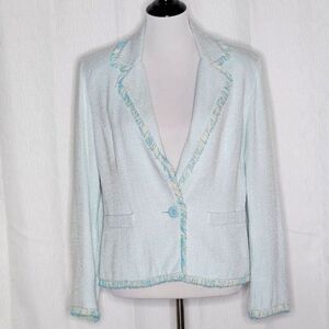 Bigio Aqua Tweed Fringe Trim Long Sleeve Single Button Front V-Neckline Blazer